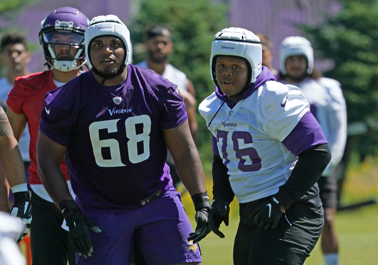 Minnesota Vikings defensive tackle Jaylen Twyman (No. 76) follows the play during Vikings Minicamp on June 16, 2021 at Twin Cities Orthopedics Performance Center in Eagan, Minnesota.