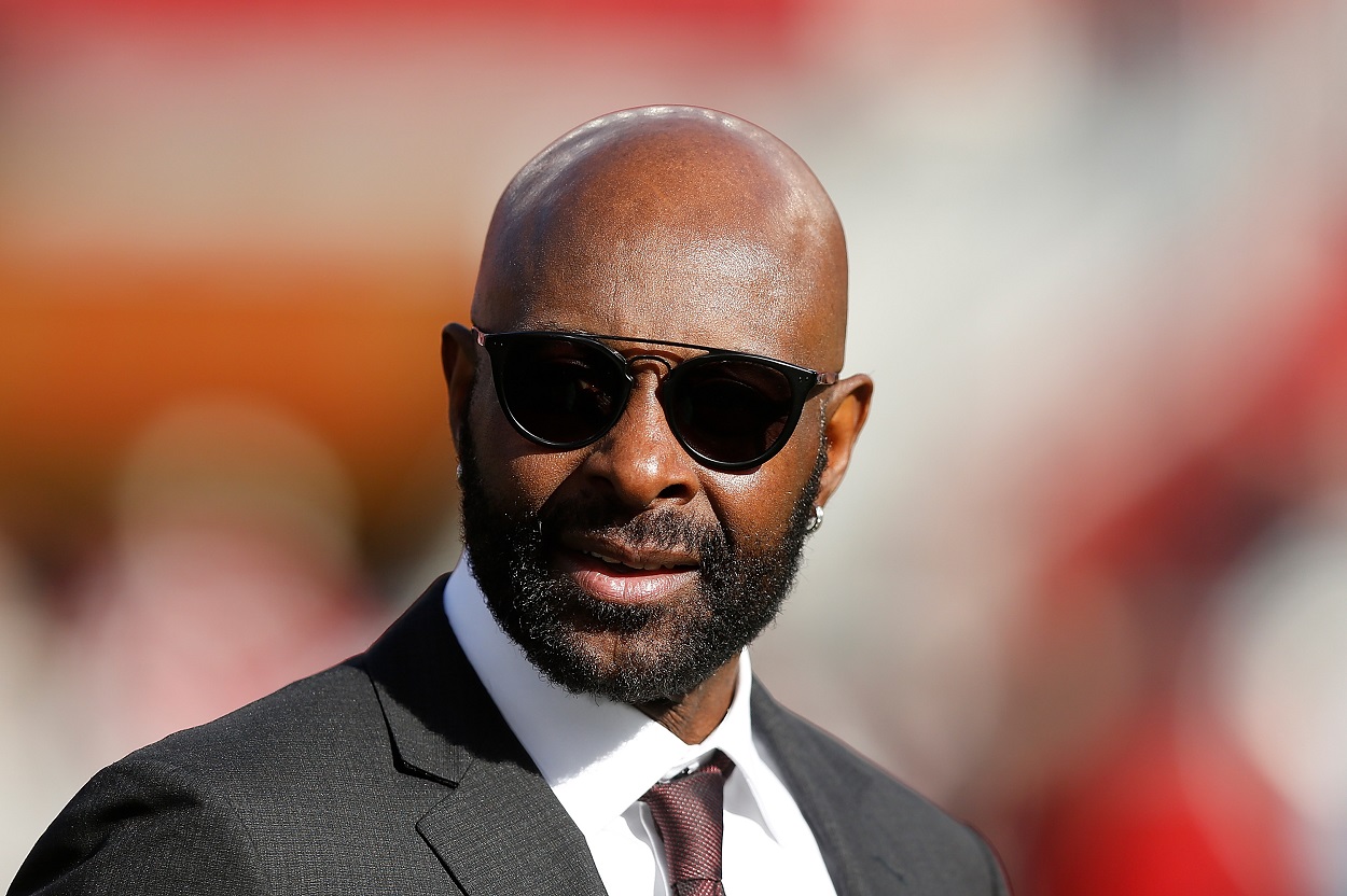 Jerry Rice looks on during an NFL playoff game between the San Francisco 49ers and Minnesota Vikings in January 2020