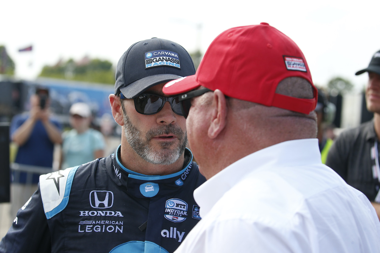 Jimmie Johnson talks with Chip Ganassi