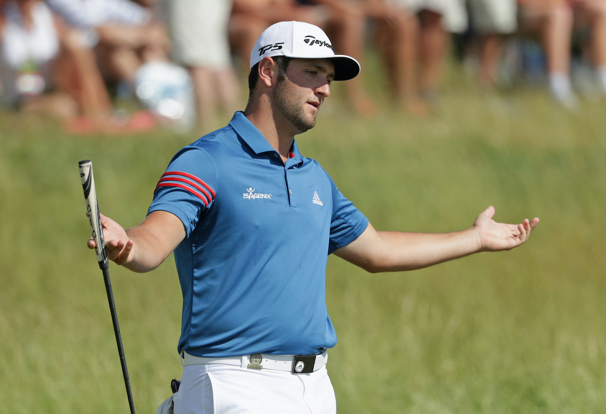 Jon Rahm of Spain reacts after a missed putt on the tenth green during the second round of the 2017 U.S. Open at Erin Hills on June 16, 2017 in Hartford, Wisconsin.