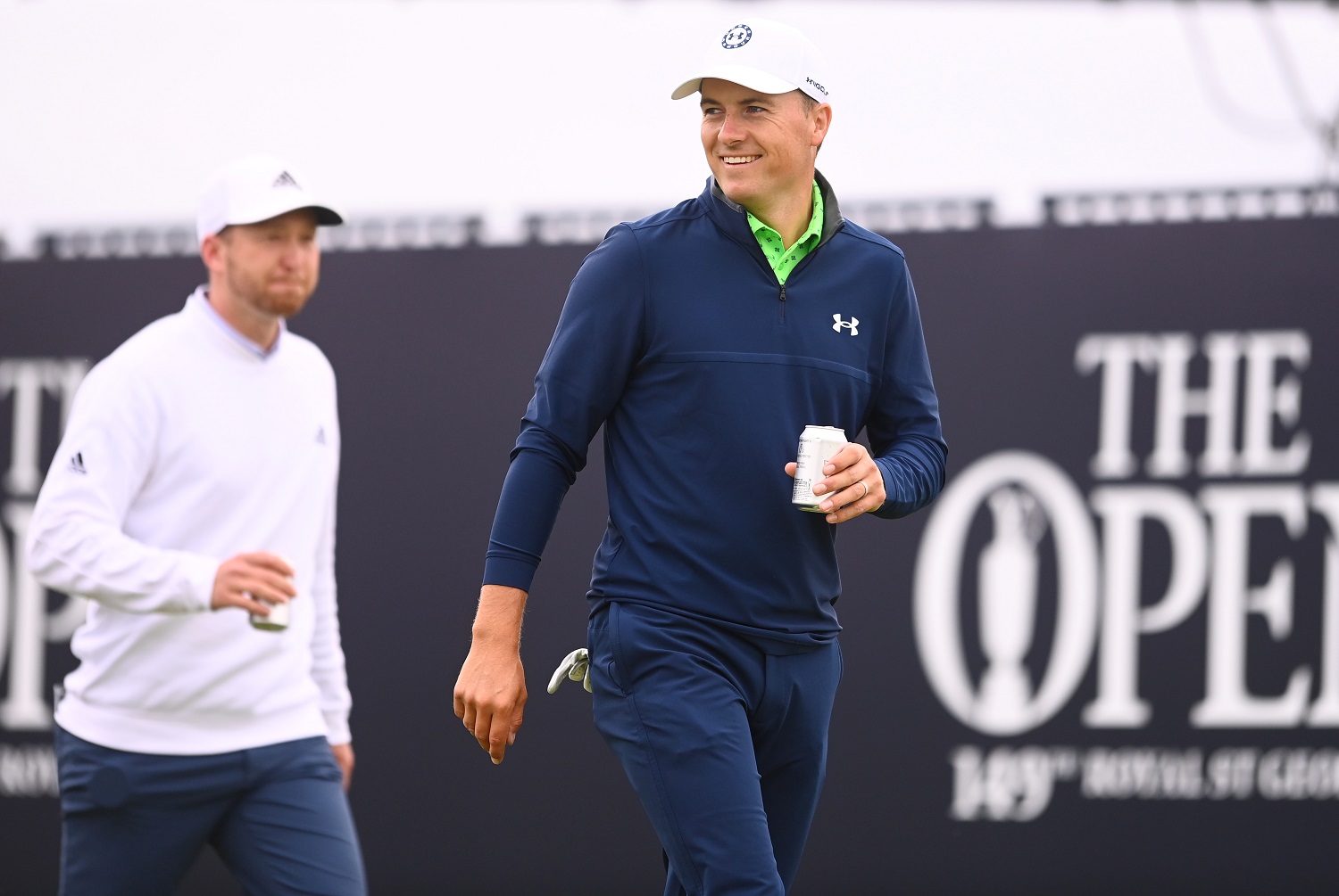 Jordan Spieth smiles during a practice round for the British Open at Royal St George’s Golf Club on July 14, 2021, in Sandwich, England.