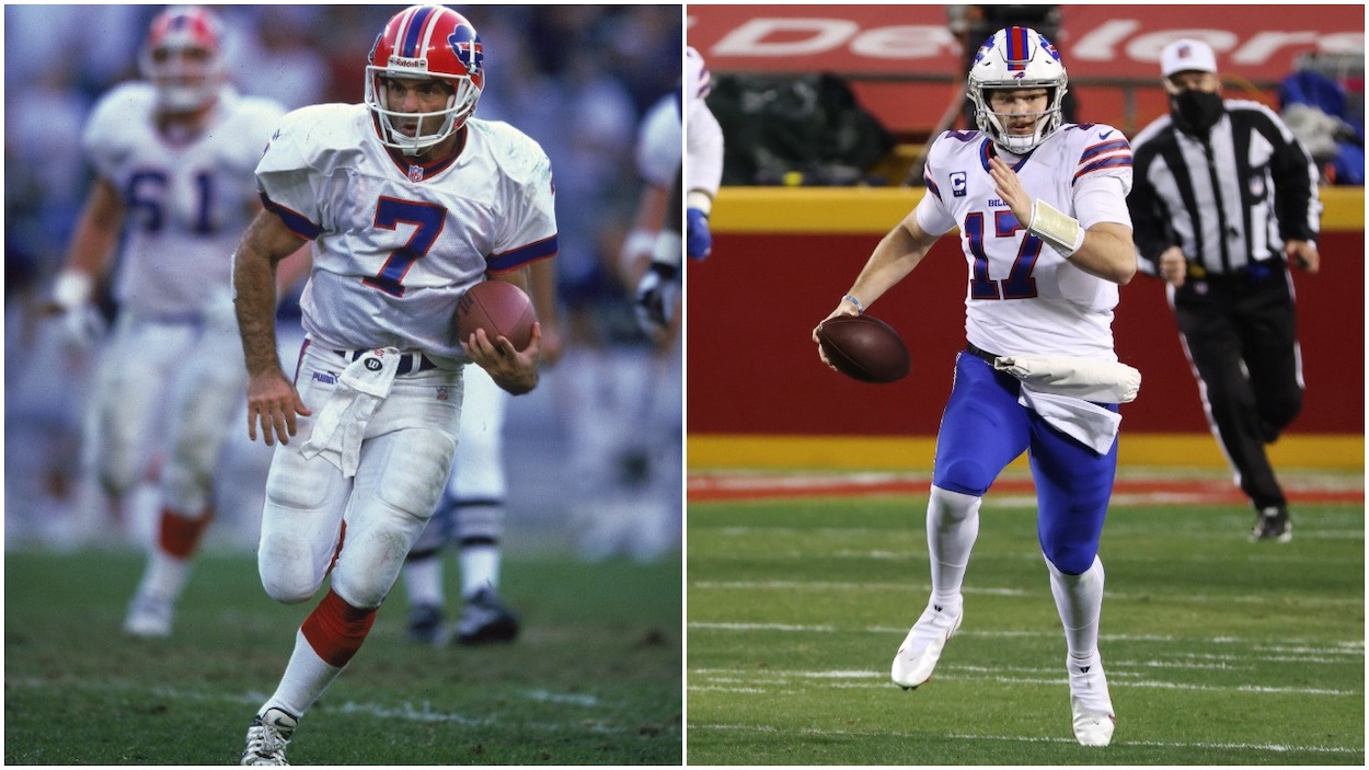 (L-R) Doug Flutie of the Buffalo Bills runs with the ball during the game against the Baltimore Ravens in 1999; Josh Allen of the Buffalo Bills runs with the ball in the first quarter against the Kansas City Chiefs during the AFC Championship game at Arrowhead Stadium in 2021.