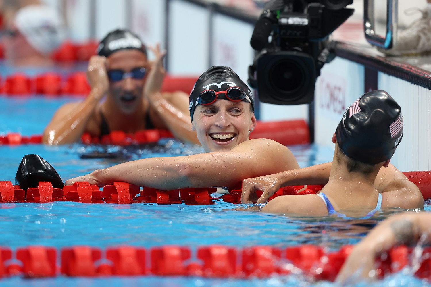 Gold medalist Katie Ledecky of Team United States looks on after competing in the Women's 800-meter freestyle final at Tokyo Aquatics Centre on July 31, 2021.