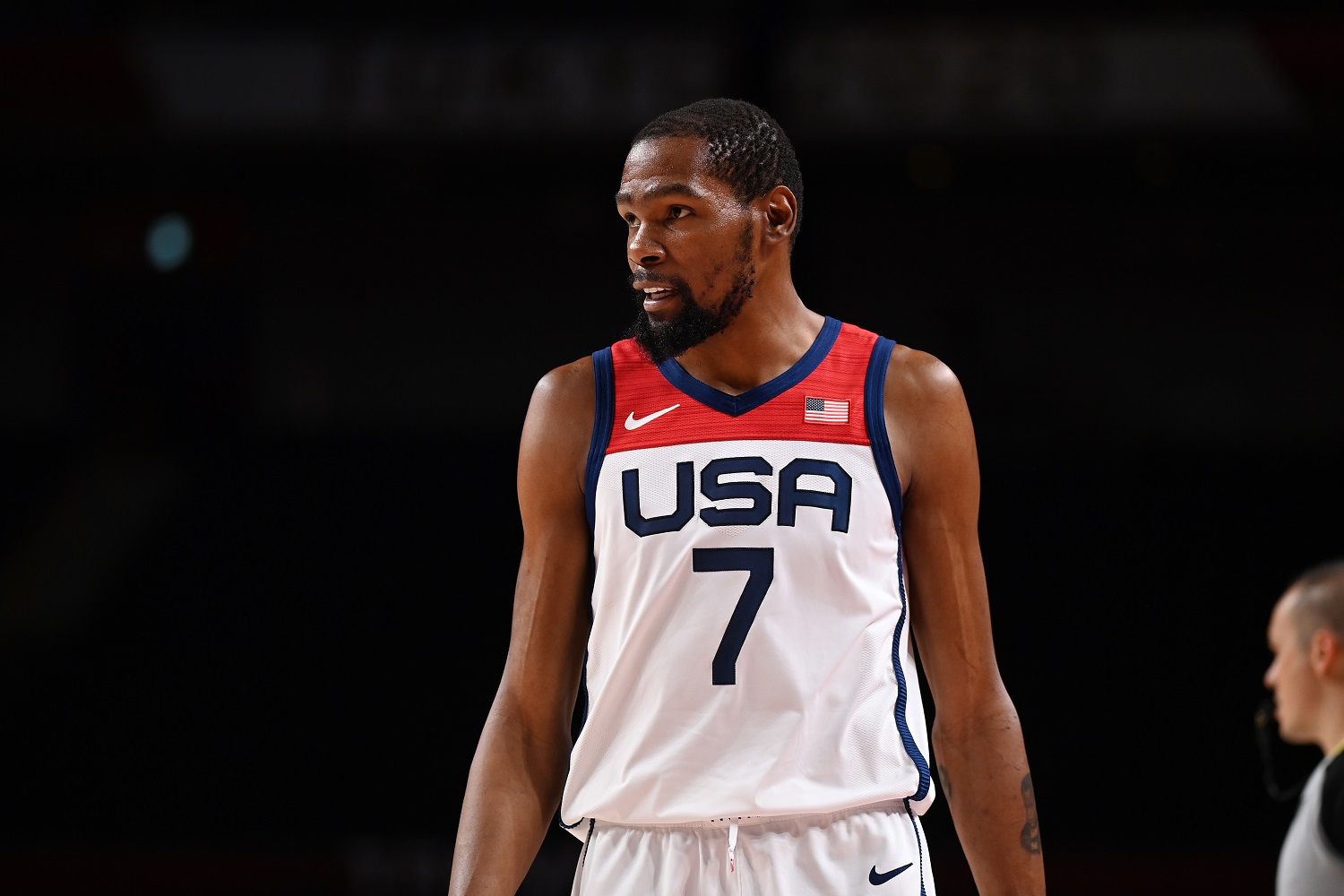 Kevin Durant looks on against Iran during a Group A game at the Tokyo Olympic Games at Saitama Super Arena in Saitama, Japan. | Matthias Hangst/Getty Images