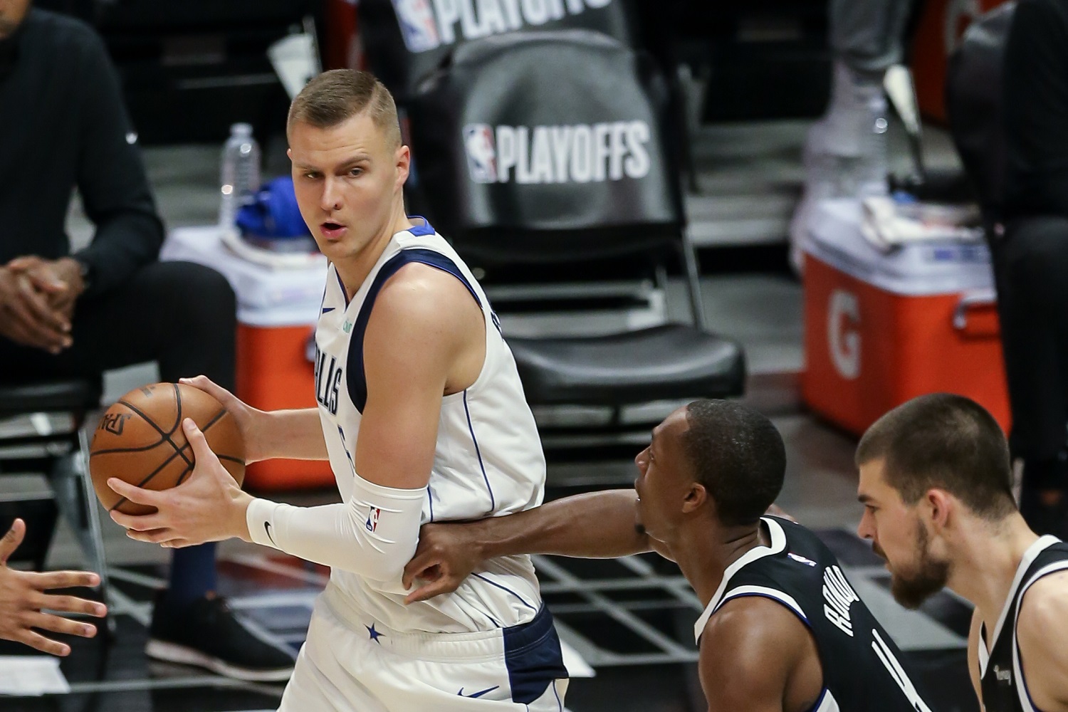 Dallas Mavericks center Kristaps Porzingis in the post during Game 5 of the first round of the NBA Western Conference playoffs against the Los Angeles Clippers on June 2, 2021.
