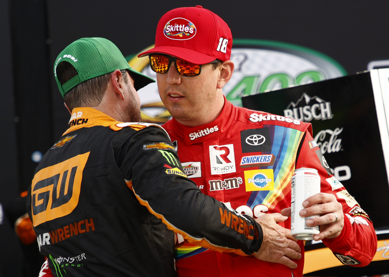 Kyle Busch congratulates his brother Kurt Busch after Sunday's race.