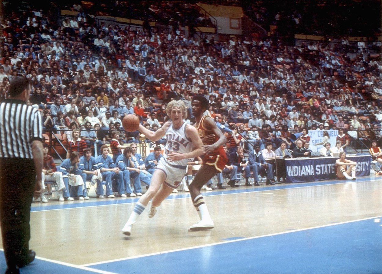 Larry Bird of the Indiana State Sycamores dribbles the ball upcourt at Indiana State University Arena in Terre Haute, Indiana.