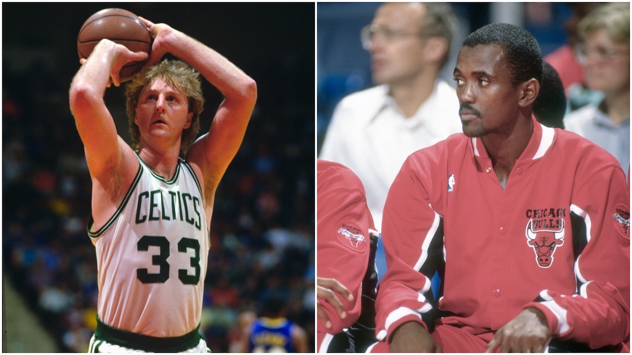 (L-R) Larry Bird of the Boston Celtics shoots a free-throw against the Indiana Pacers during an NBA basketball game circa 1984 at The Boston Garden in Boston Massachusetts; Craig Hodges of the Chicago Bulls looks on from the bench against the Washington Bullets during an NBA basketball game circa 1990 at the Capital Centre in Landover, Maryland.