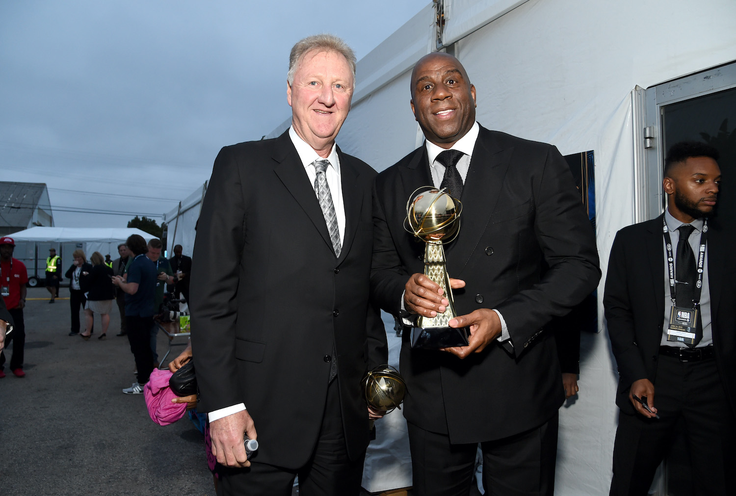 Larry Bird and Magic Johnson pose with their Lifetime Achievement Awards.