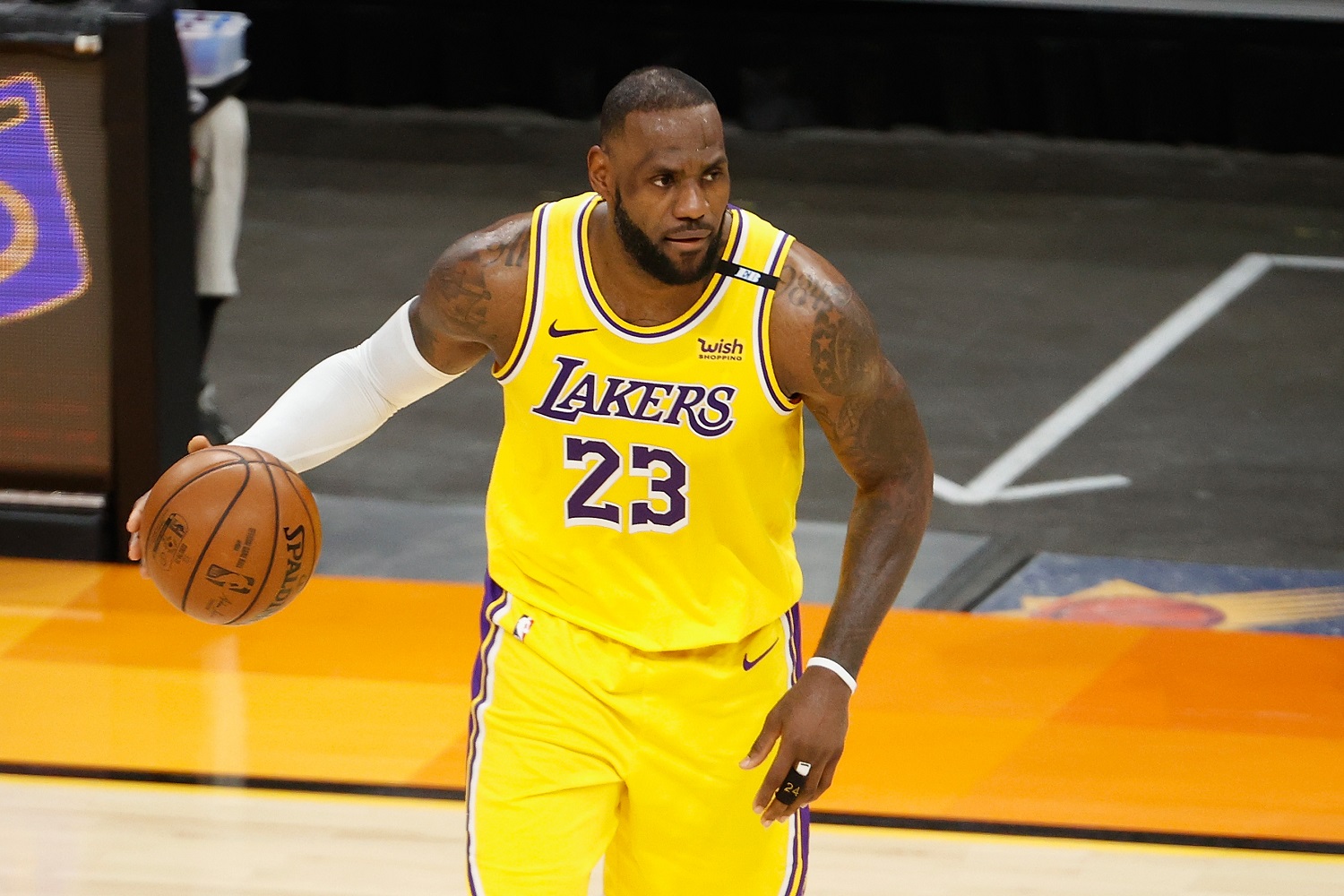 LeBron James of the Los Angeles Lakers handles the ball in Game 5 of the NBA Western Conference quarterfinals vs. the Phoenix Suns.
