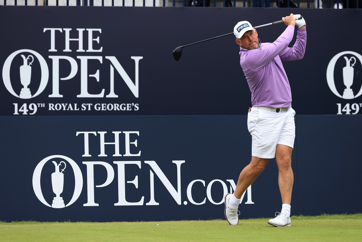 Lee Westwood tees off in a practice round ahead of the 2021 edition of The Open Championship at Royal St. George's