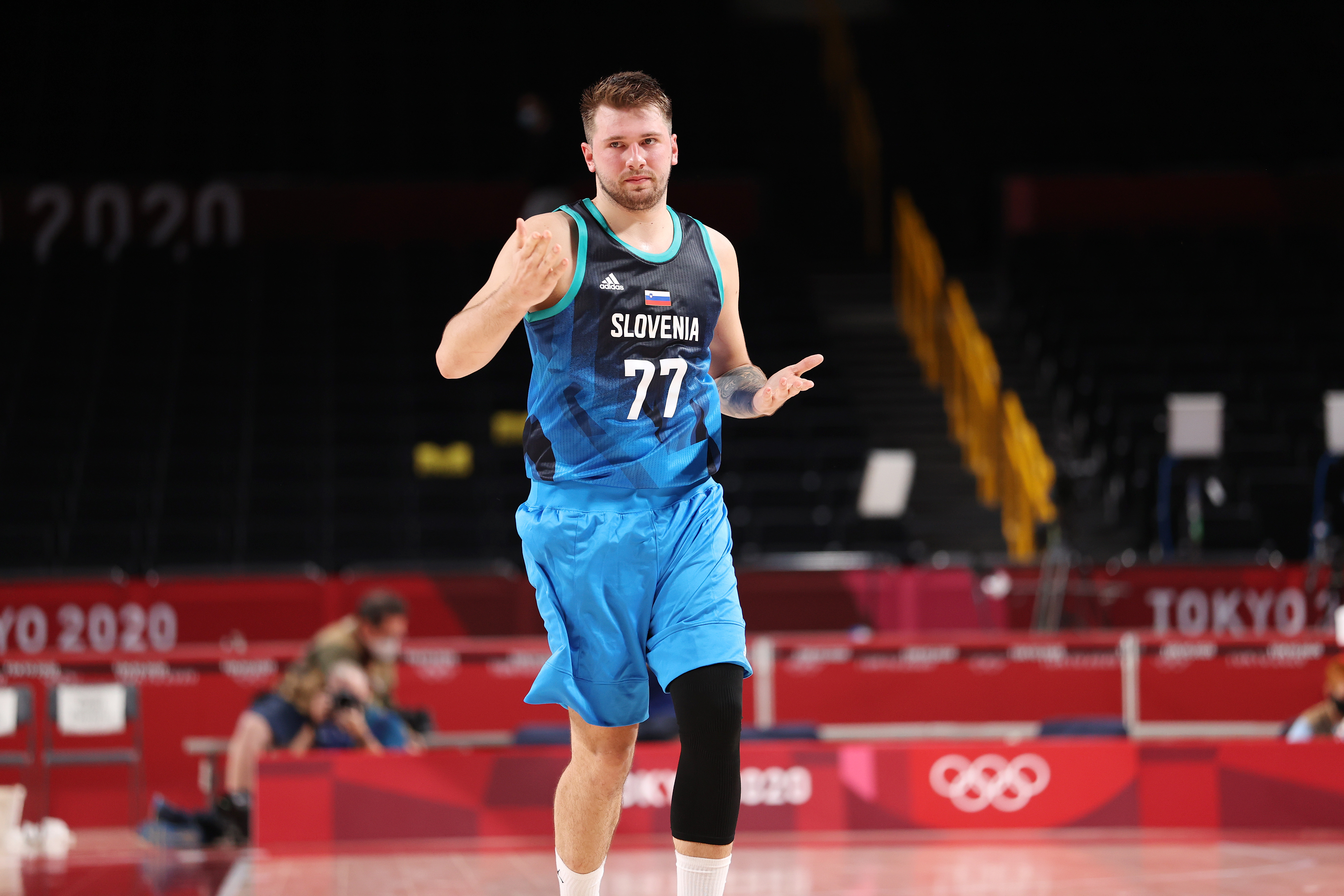 Luka Doncic reacts during Slovenia's win over Argentina in the 2020 Tokyo Olympics