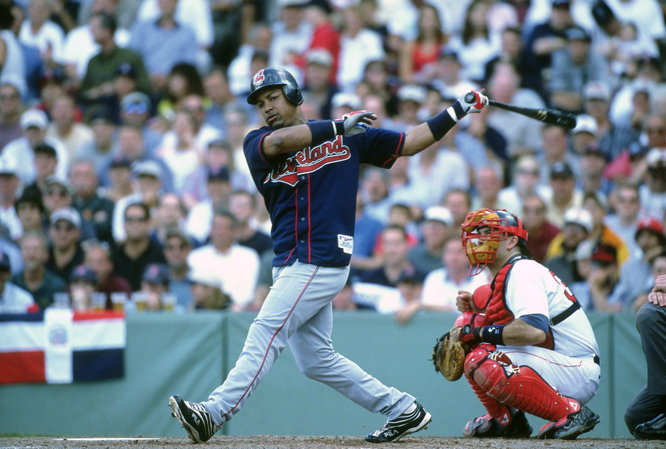 Manny Ramirez of the Cleveland Indians bats against the Boston Red Sox.