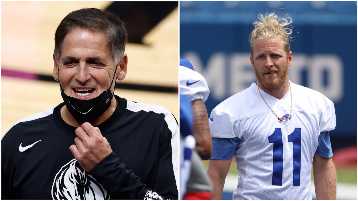 (L-R) Owner Mark Cuban of the Dallas Mavericks celebrates after the game against the Miami Heat at American Airlines Arena on May 04, 2021 in Miami, Florida; Cole Beasley of the Buffalo Bills during OTA workouts at Highmark Stadium on June 2, 2021 in Orchard Park, New York.