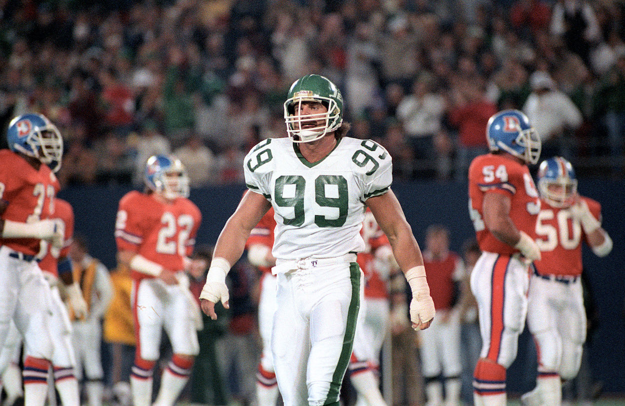 New York Jets DE Mark Gastineau on the field during the New York Jets vs. Denver Borocos on October 20 , 1986.at Giants Stadium.