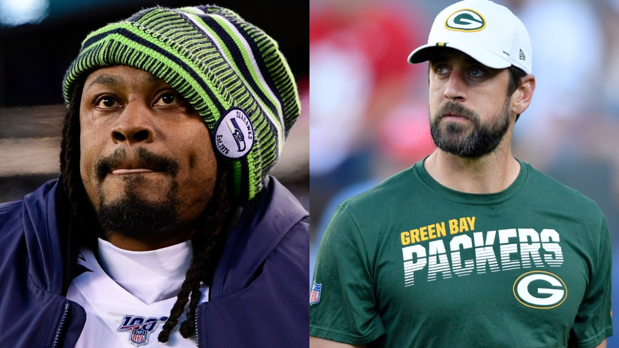 Former NFL running back Marshawn Lynch and Green Bay Packers quarterback Aaron Rodgers.