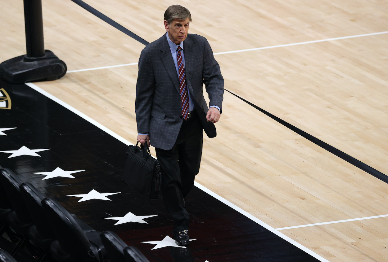 Marv Albert leaves the court for the final time being a broadcaster following Game Six of the Eastern Conference Finals between the Milwaukee Bucks and the Atlanta Hawks at State Farm Arena on July 03, 2021 in Atlanta, Georgia. Albert retired from a 55-year broadcasting career.