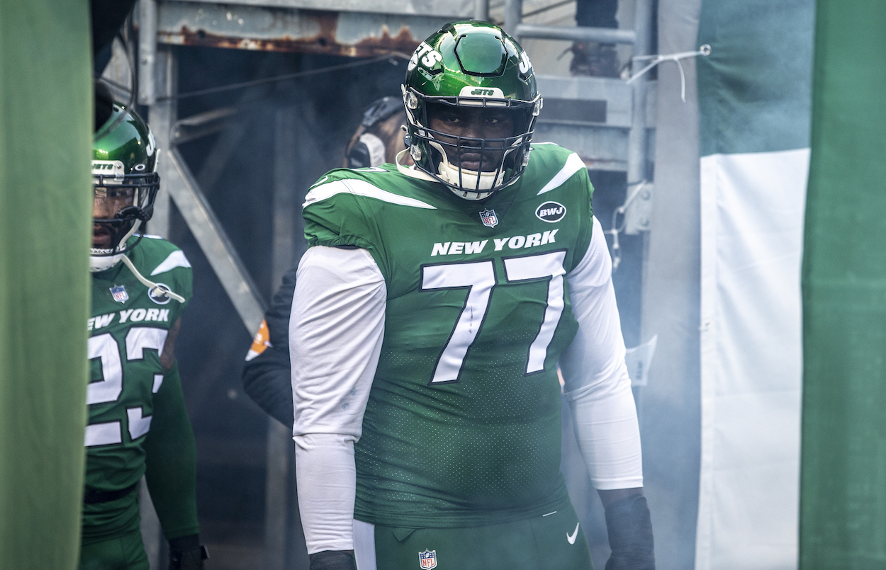 Mekhi Becton of the New York Jets before entering the field ahead of a game against the Cleveland Browns at MetLife Stadium on December 27, 2020 in East Rutherford, New Jersey.