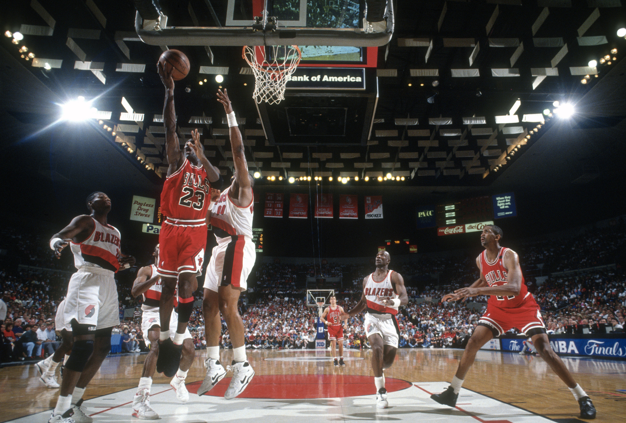 Michael Jordan goes in for a layup during the 1992 NBA Finals.