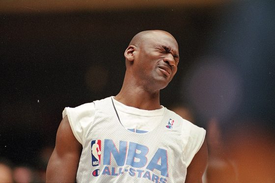 NBA legend Michael Jordan reacts ahead of the 1997 All-Star game.