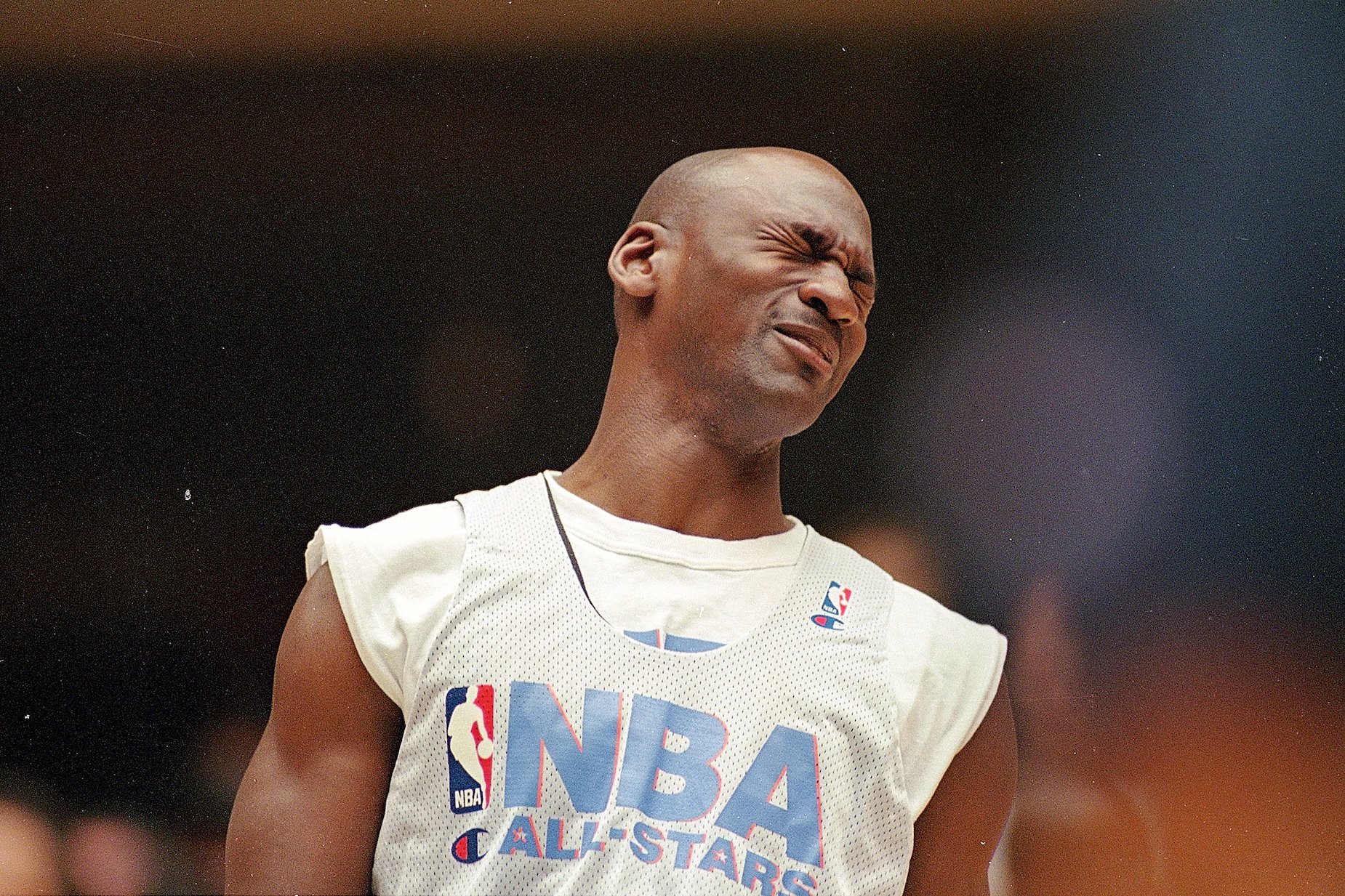 NBA legend Michael Jordan reacts ahead of the 1997 All-Star game.
