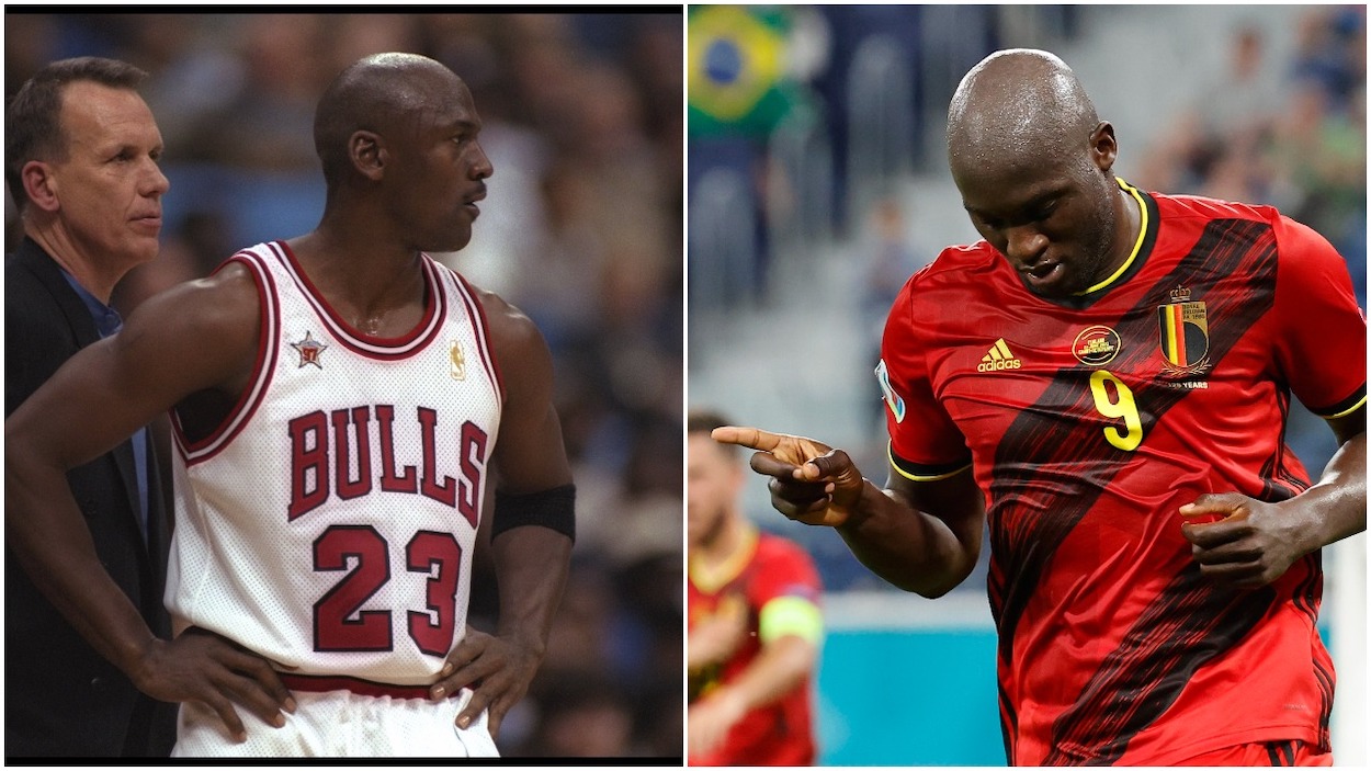 (L-R) Guard Michael Jordan of the Chicago Bulls looks on during the NBA All-Star game, Romelu Lukaku of Belgium celebrates after scoring a goal which is later disallowed by VAR for offside during the UEFA Euro 2020 Championship Group B match between Finland and Belgium at Saint Petersburg Stadium on June 21, 2021 in Saint Petersburg, Russia.
