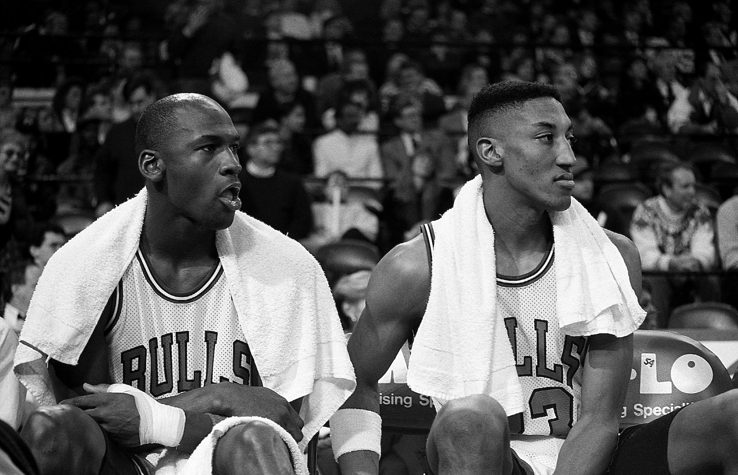 Michael Jordan and Scottie Pippen sit together on the bench during their time as Chicago Bulls teammates.