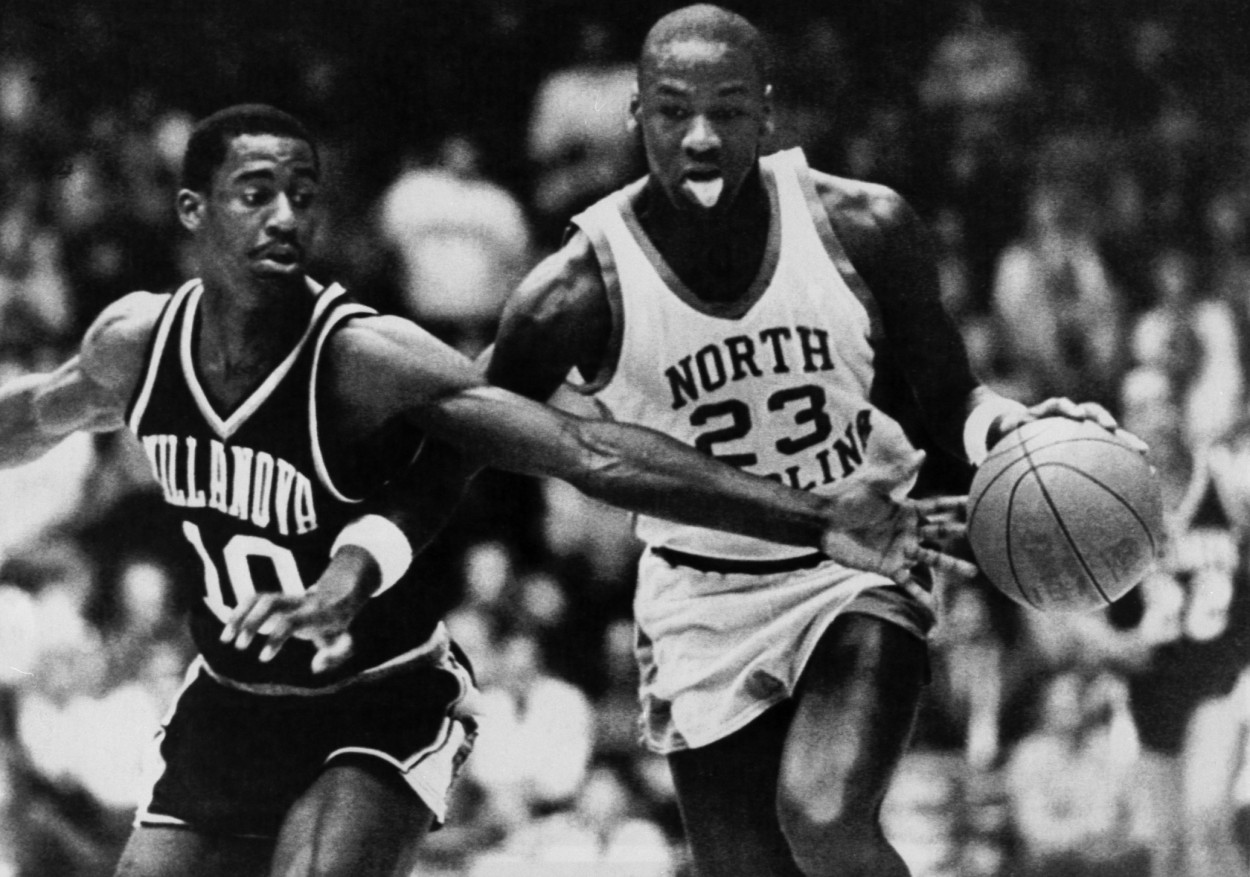 NBA legend Michael Jordan (No. 23) playing at North Carolina in the 1980s.