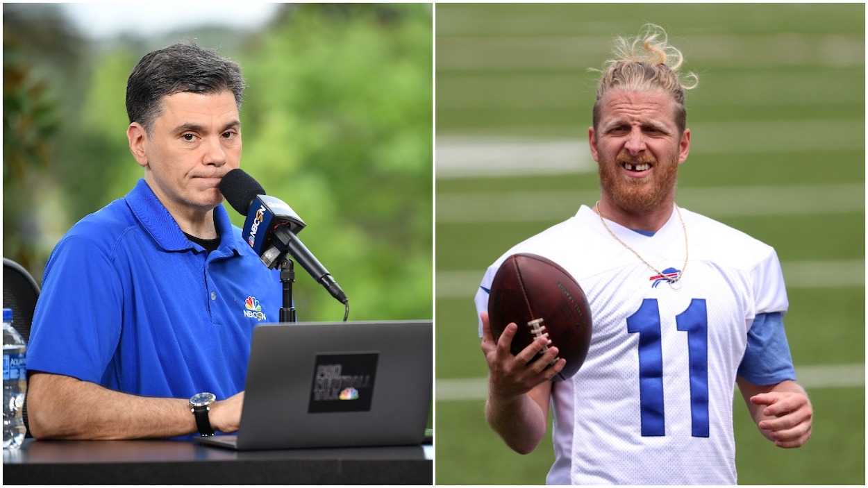 (L-R) Pro Football Talk's Mike Florio broadcasts during the 2018 NFL Annual Meetings at the Ritz Carlton Orlando, Great Lakes on March 26, 2018; Cole Beasley of the Buffalo Bills during OTA workouts at Highmark Stadium on June 2, 2021 in Orchard Park, New York.