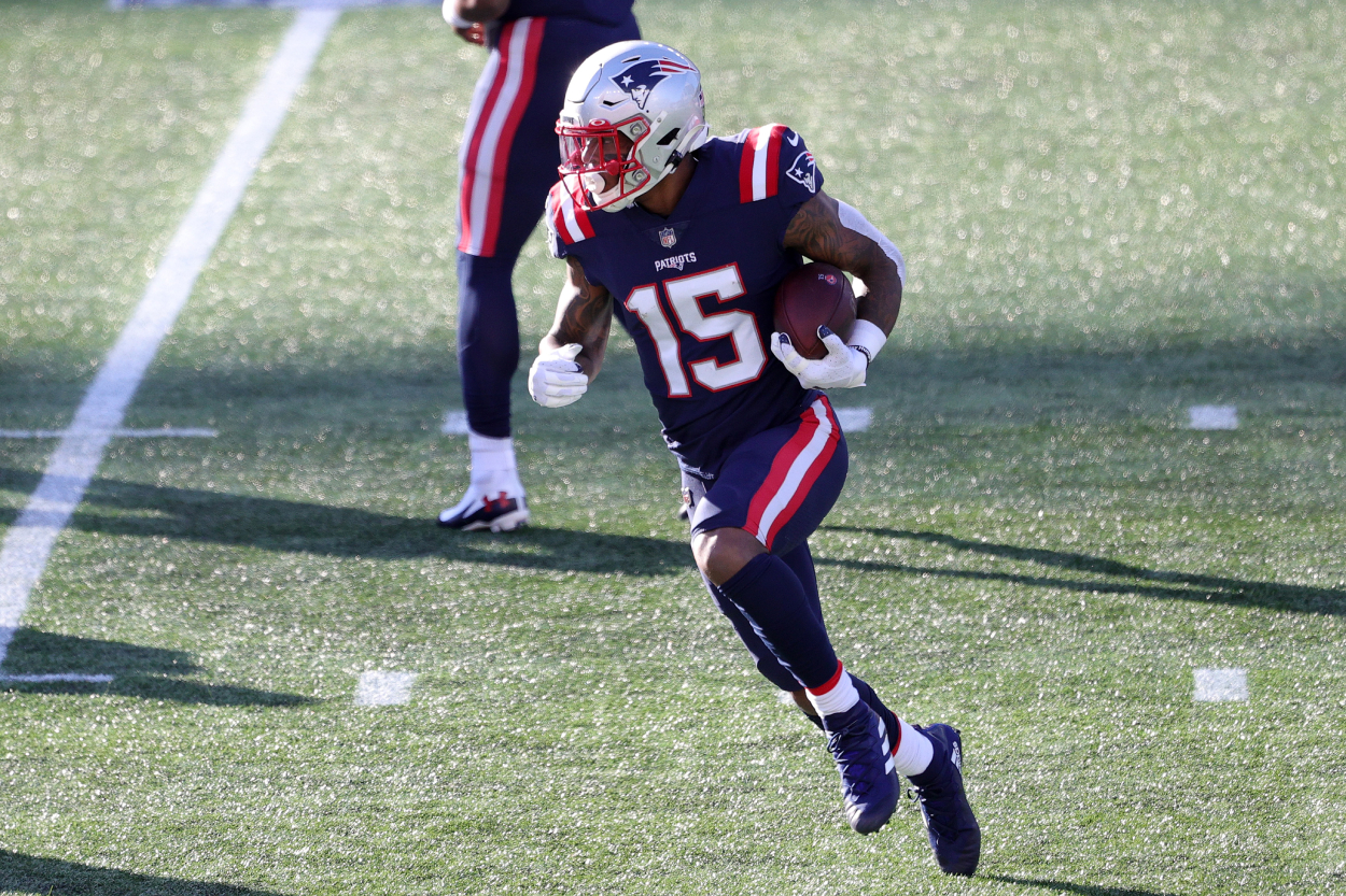 N'Keal Harry runs with the ball against te Arizona Cardinals last year.