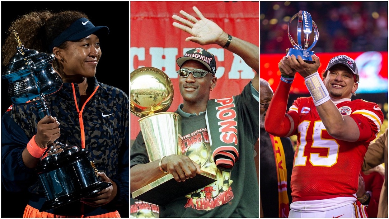 (L-R) Tennis sensation Naomi Osaka holds the Australian Open Trophy, Michael Jordan of the Chicago Bulls holds the NBA's Larry O'Brien Trophy in 1997, Kansas City Chief QB Patrick Mahomes holds the AFC Championship Trophy in 2000. All three are investors in the Buzzer sports app.