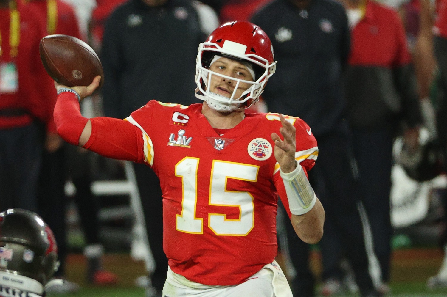 Patrick Mahomes of the Kansas City Chiefs looks to pass in the fourth quarter against the Tampa Bay Buccaneers in Super Bowl 55 at Raymond James Stadium.