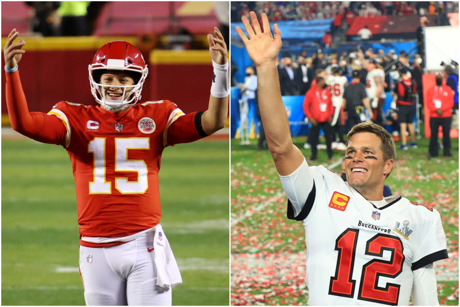 Kansas City Chiefs QB Patrick Mahomes signals to the crowd as Tampa Bay Buccaneers QBTom Brady waves to fans in the stands after winning Super Bowl 55.
