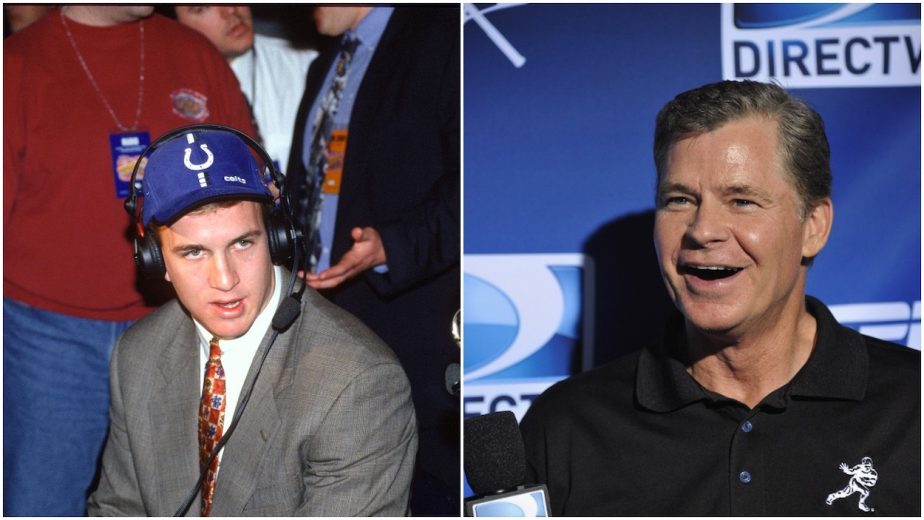 (L-R) First round draft pick Peyton Manning of the Indianapolis colts talks with the Media after he was drafted by the Colts during the NFL Draft April 18, 1998 at the Theatre at MSG in the Manhattan borough of New York City; Radio personality Dan Patrick is interviewed by the media during the DIRECTV Old School Challenge Presented by ESPN at the 69th Regiment Armory on August 25, 2011 in New York City.