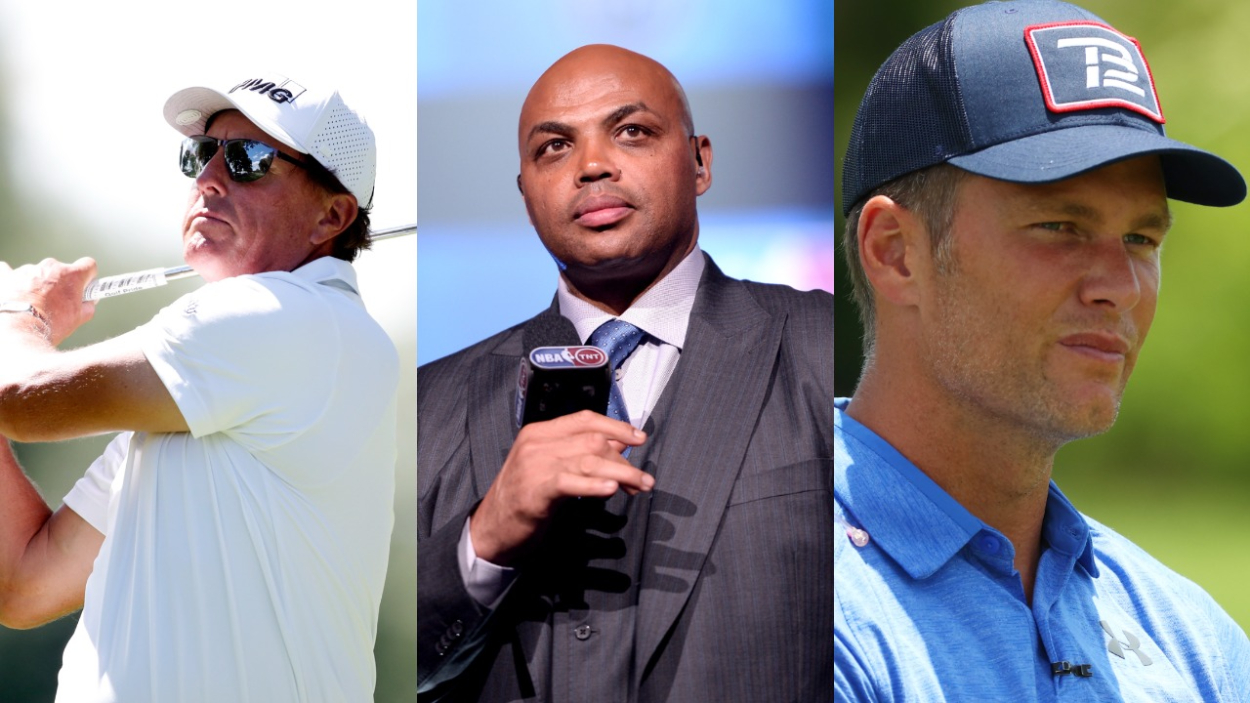 Golf star Phil Mickelson, NBA legend Charles Barkley, and NFL quarterback Tom Brady.
