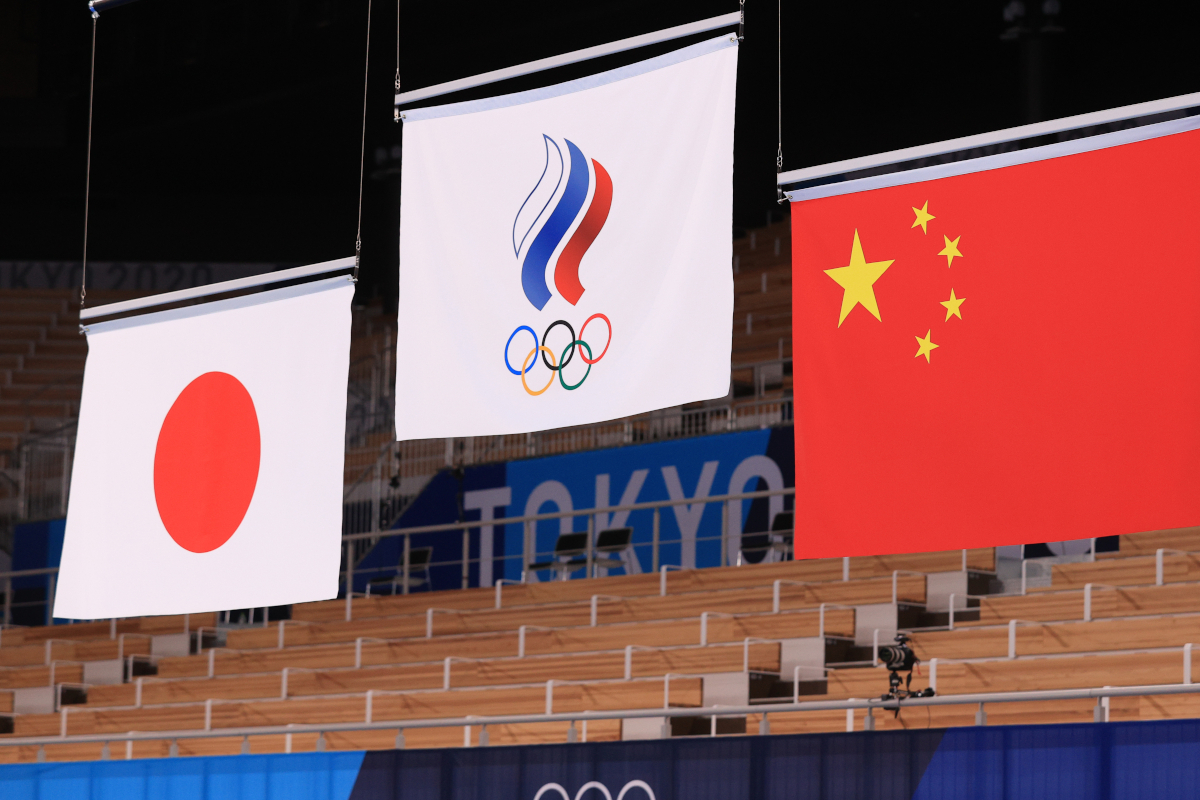 The ROC (Russian Olympic Committee) flag is displayed after the team of Russian athletes won the gold medal in men's all-around team artistic gymnastics at the Tokyo Olympics
