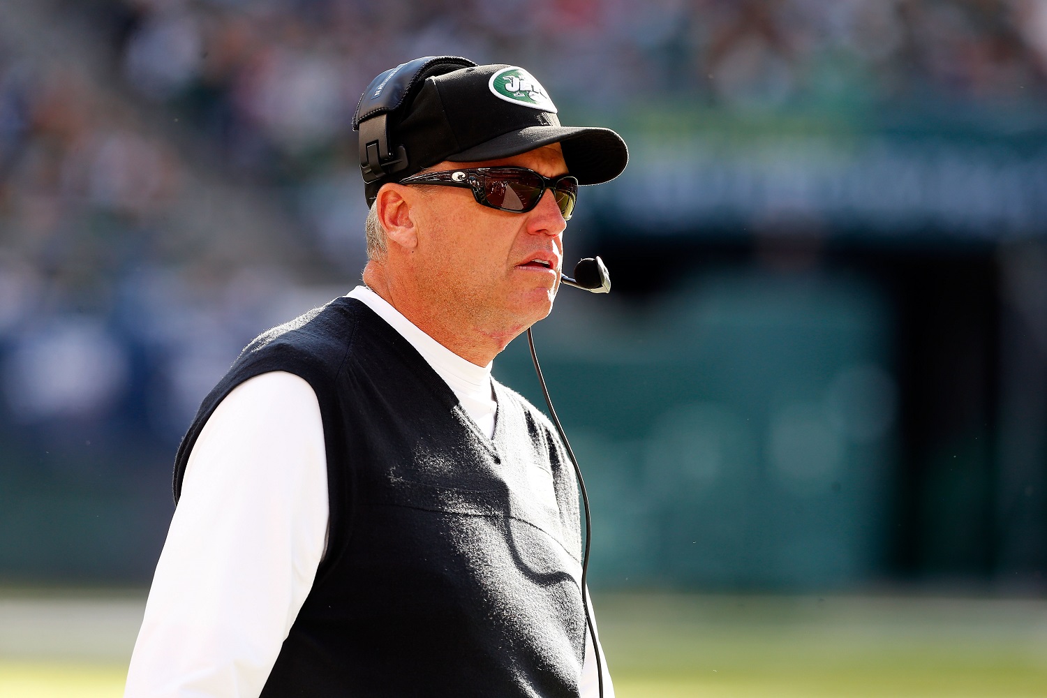 Coach Rex Ryan of the New York Jets looks on during a game against the New England Patriots on Oct. 20, 2013 at MetLife Stadium in East Rutherford, New Jersey.