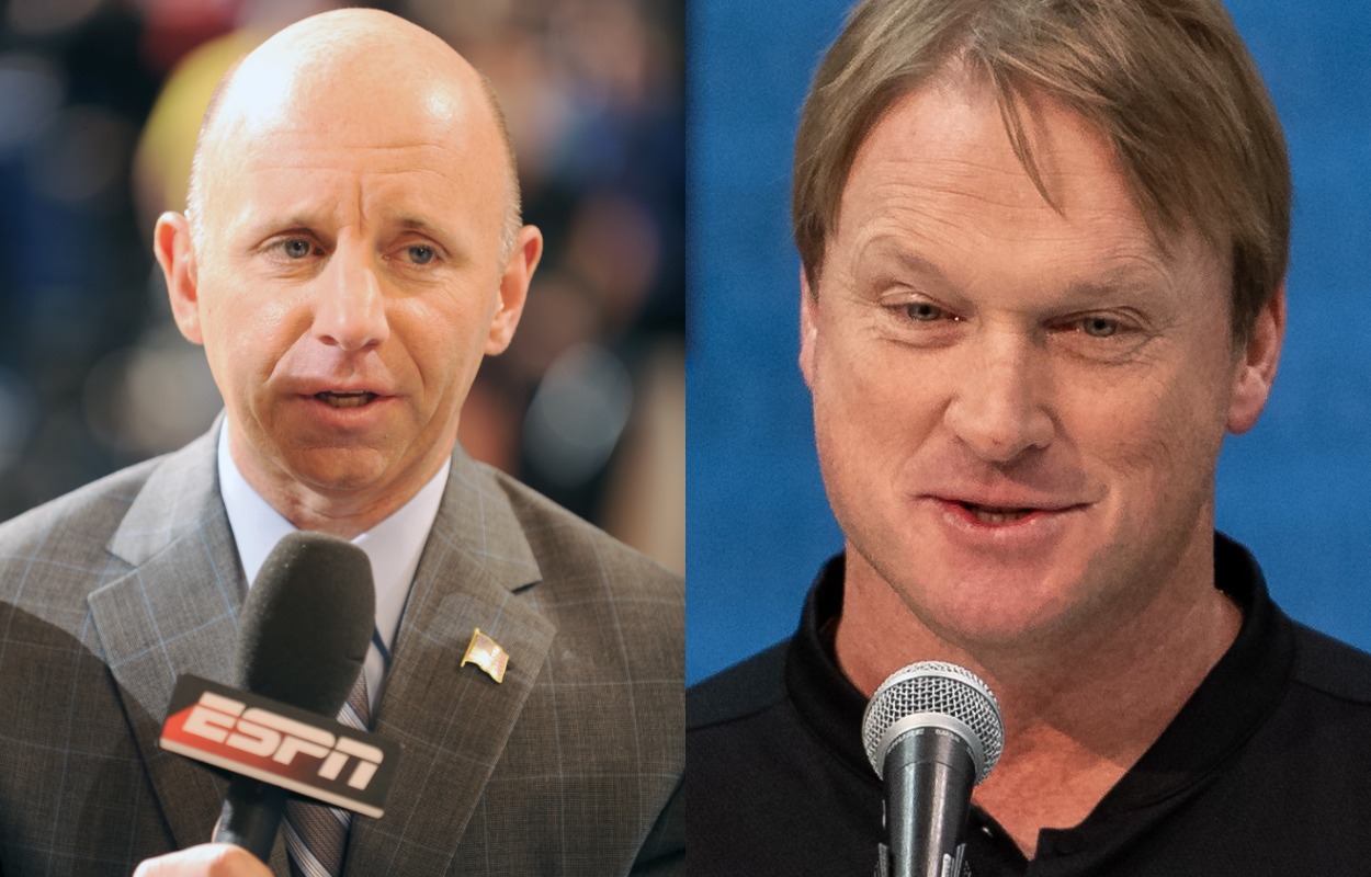ESPN's Sean McDonough (L) and Las Vegas Raiders coach Jon Gruden (R) worked together on 'Monday Night Football' in 2017.