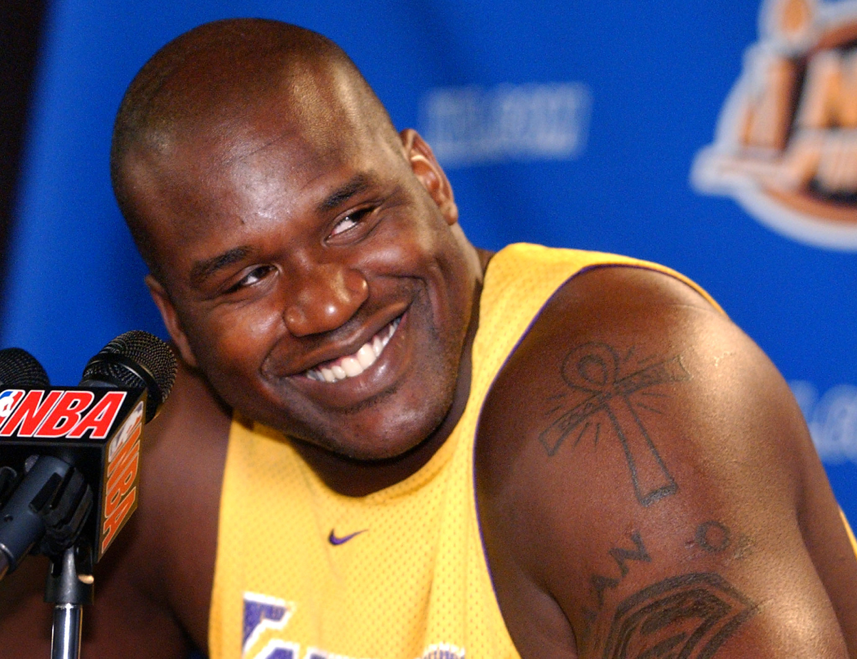 NBA legend Shaquille O'Neal after a 2002 NBA Finals practice with the Los Angeles Lakers.