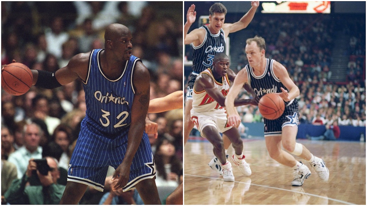 Shaquille O'Neal (L) and Scott Skiles (R) got into a fight during and Orlando Magic practice.