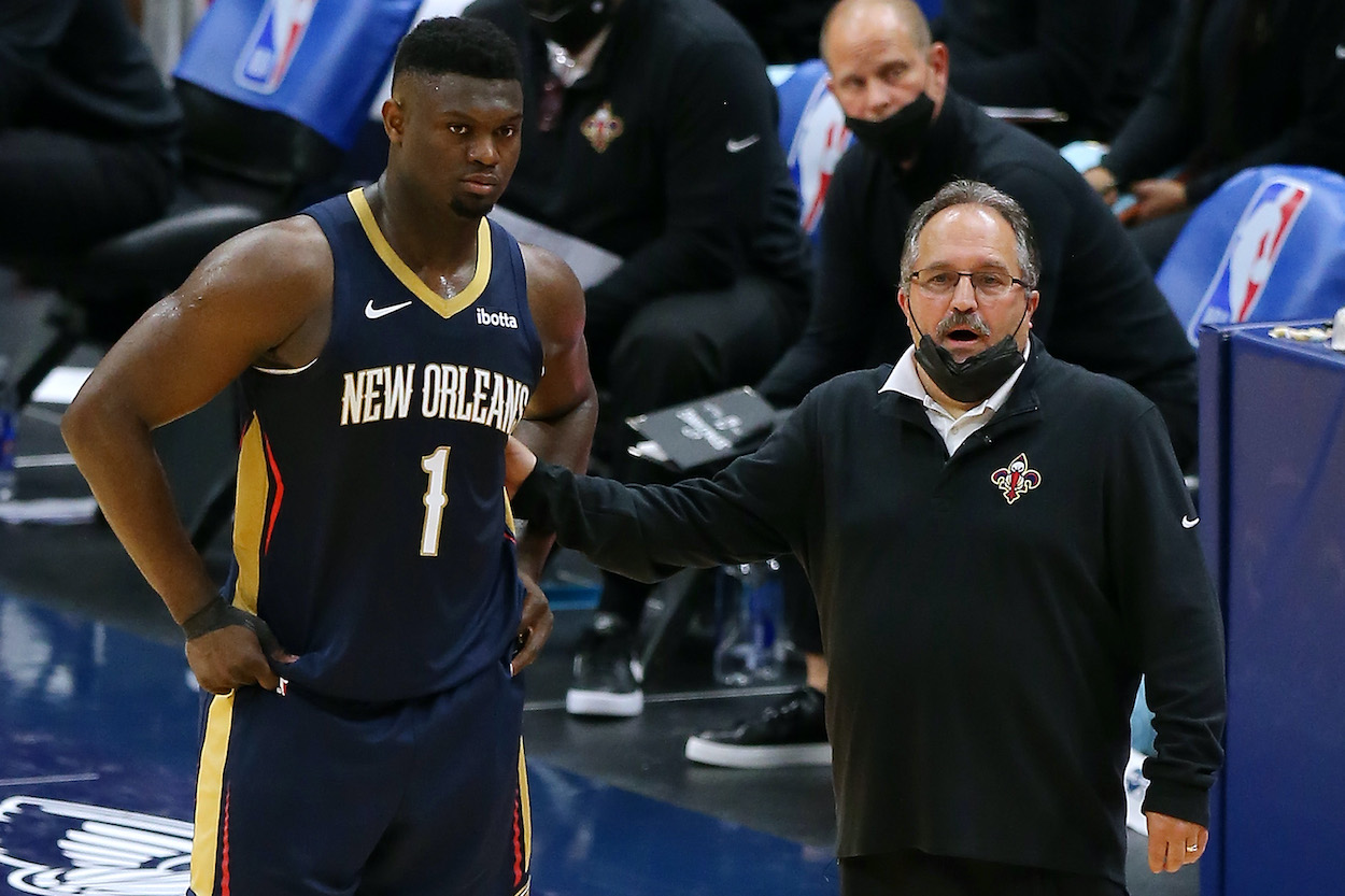 Head coach Stan Van Gundy of the New Orleans Pelicans and Zion Williamson #1 talk against the Brooklyn Nets during a game at the Smoothie King Center on April 20, 2021 in New Orleans, Louisiana.