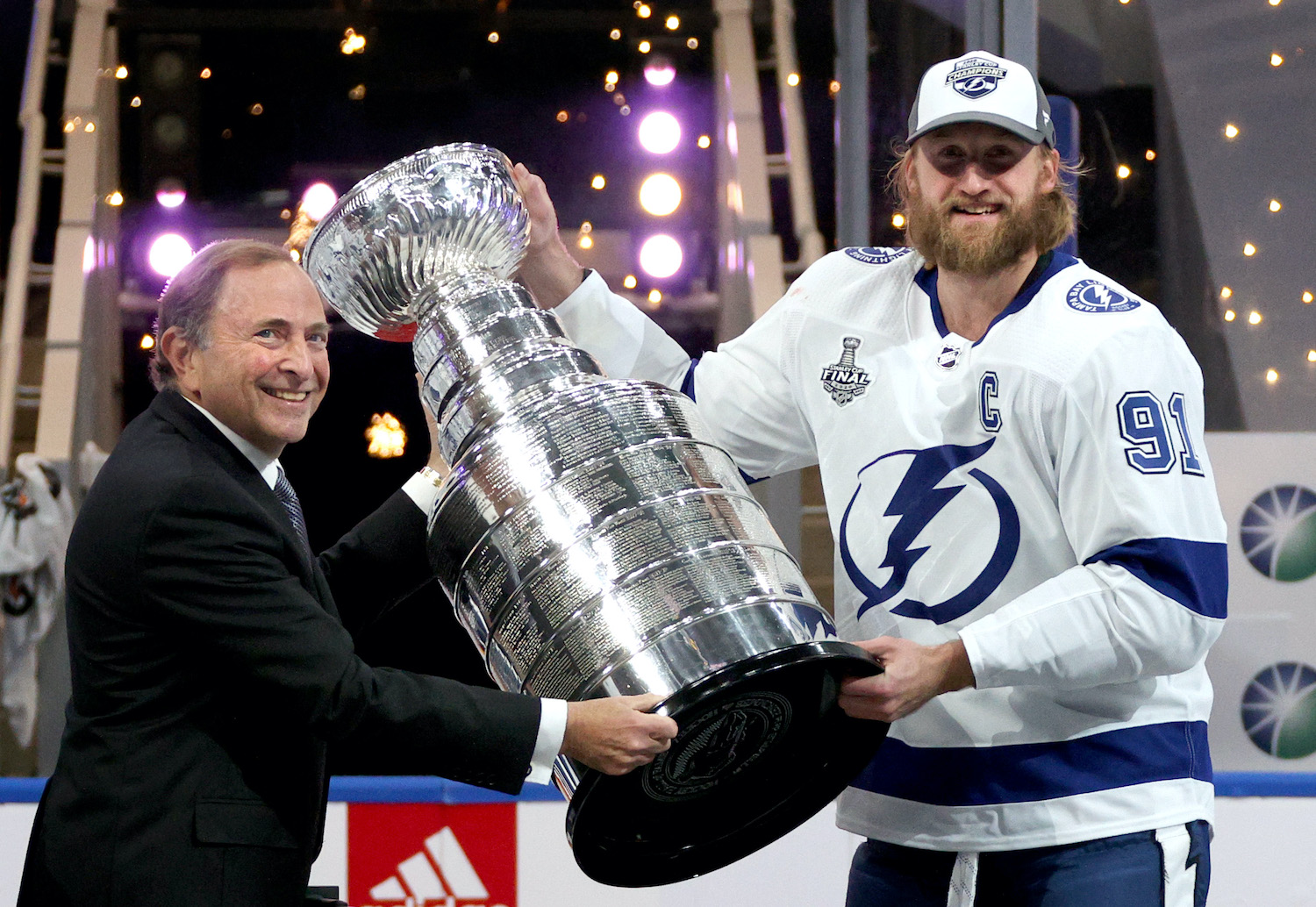 Steven Stamkos claims the Stanley Cup after winning the 2020 NHL championship.