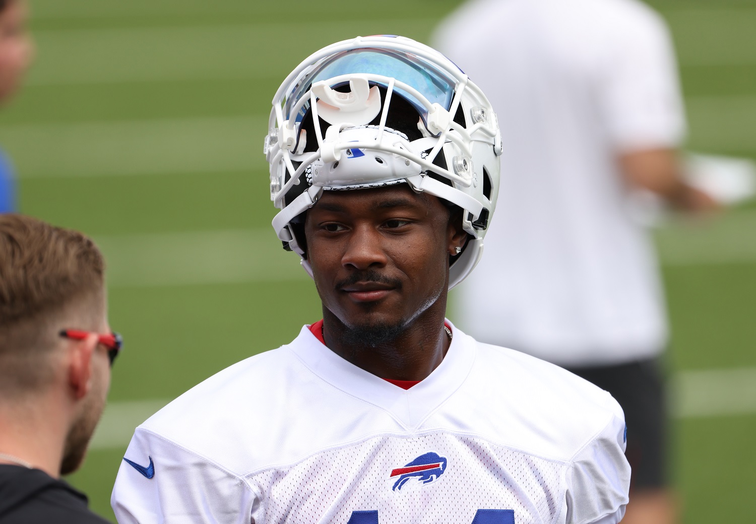 Stefon Diggs of the Buffalo Bills on the sideline during workouts at Highmark Stadium on June 2, 2021 in Orchard Park, New York. | Timothy T Ludwig/Getty Images