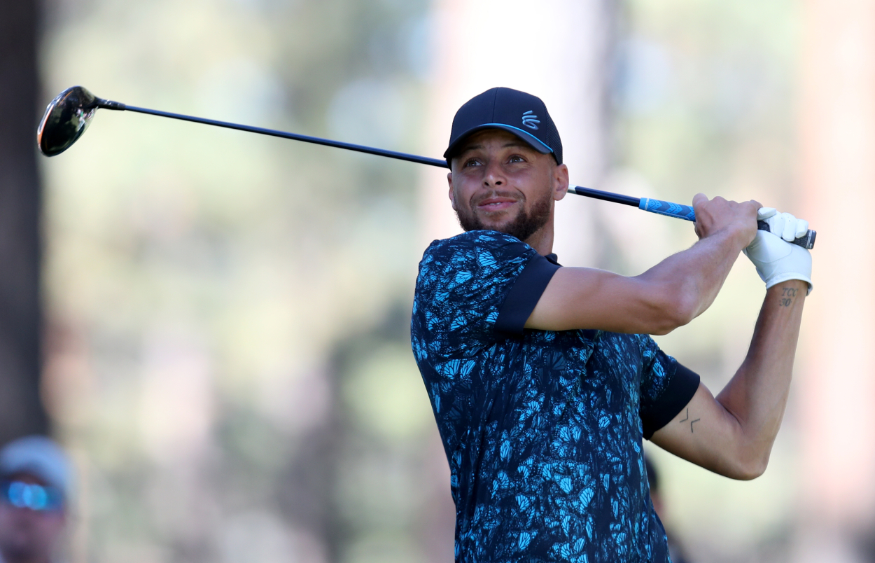 Steph Curry tees off from the second hole during the final round of the American Century Championship.