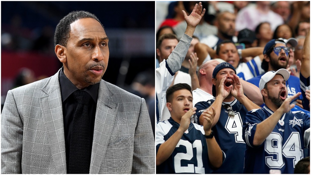 (L-R) Head coach Stephen A. Smith of Team Stephen A. looks on before the 2020 NBA All-Star Celebrity Game Presented By Ruffles at Wintrust Arena on February 14, 2020 in Chicago, Illinois; Dallas Cowboys fans cheer during the second half of a game against the Los Angeles Rams on Sunday, Oct. 1, 2017 at AT&T Stadium in Arlington, Texas.