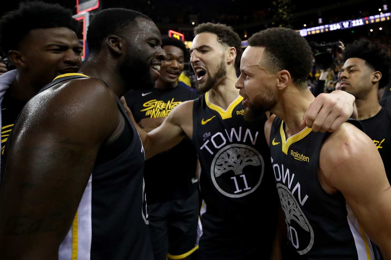 Draymond Green, Klay Thompson, and Stephen Curry of the Golden State Warriors in 2019.