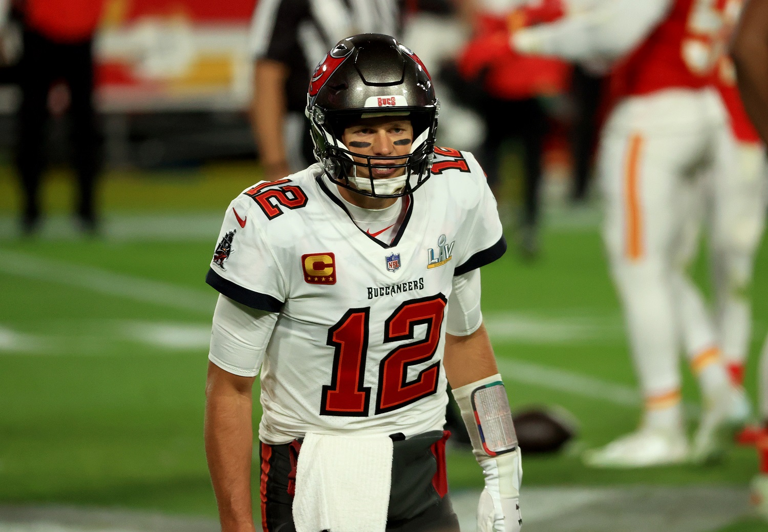 Tom Brady of the Tampa Bay Buccaneers looks on during the second quarter against the Kansas City Chiefs in Super Bowl 55.