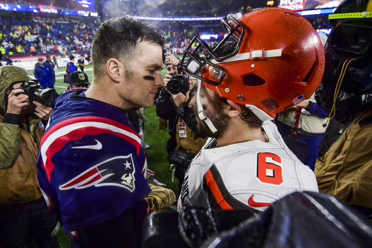 Tom Brady (L) and Baker Mayfield in 2019.