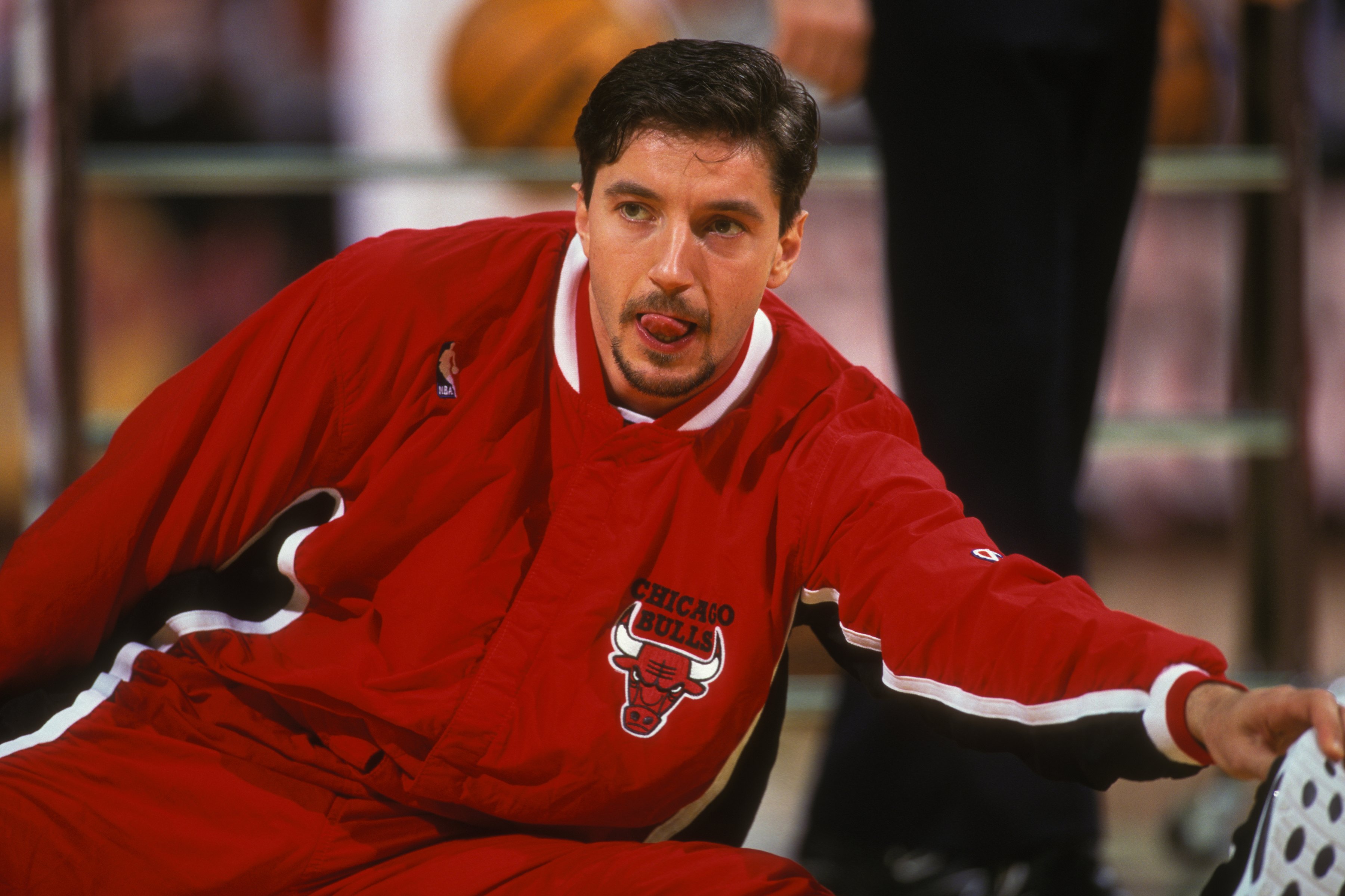Toni Kukoc stretches before a a game during the 1996 regular season.