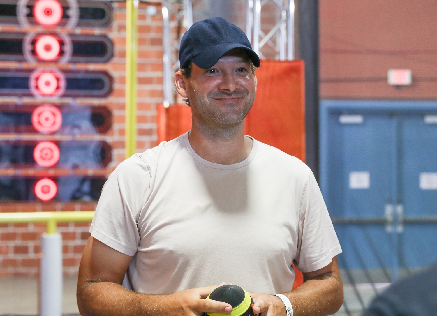 Tony Romo appears at Nerf Challenge on June 15, 2021, in Dallas.
